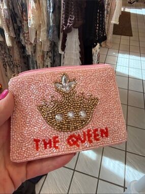 Pink Beaded Zip Coin /Card with Crown Detail